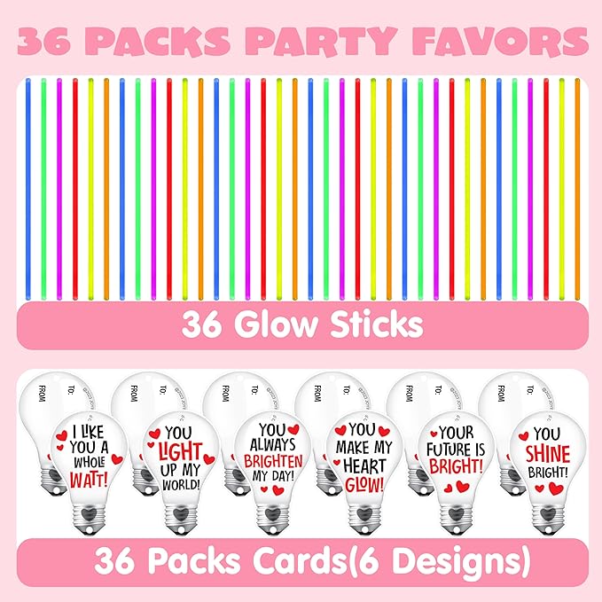 JOYIN 36 Packs Neon Valentines Day Gift Bulb Cards with Glow Sticks, Glow Necklaces for Valentine's Party Favor, Valentine Classroom Exchange Cards, Valentine School Prize