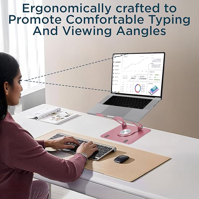 Uncaged Ergonomics Swivel Laptop Stand for Desk, Adjustable Computer iPad Stand for Desk w/ 360 Rotation, Portable Laptop Holder for Home Office Ergonomic Supplies (Rose Gold)