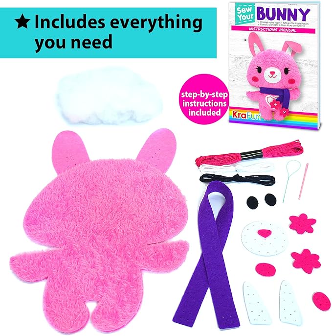 KRAFUN Sewing Kit for Kids Beginner My First Art & Craft, Includes Bunny Doll Stuffed Animal, Instructions & Plush Felt Materials for Learn to Sew, Embroidery, Age 7 8 9 10 11 12