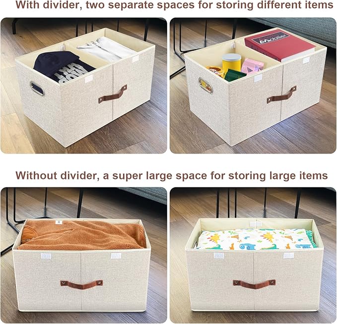 TYEERS Extra Large Collapsible Storage Bins with Lids and Compartments, Washable, Fabric Storage Boxes, 21.7x13x11.8 inches, 1 Pack, Beige