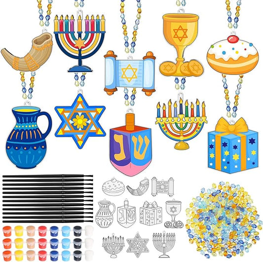 30 Set Hanukkah Craft Kit Chanukah Suncatchers Kits Window Art Menorah Dreidel DIY Make Your Own Paint Suncatcher Ornaments for Jewish Hanukkah Art Craft Activity