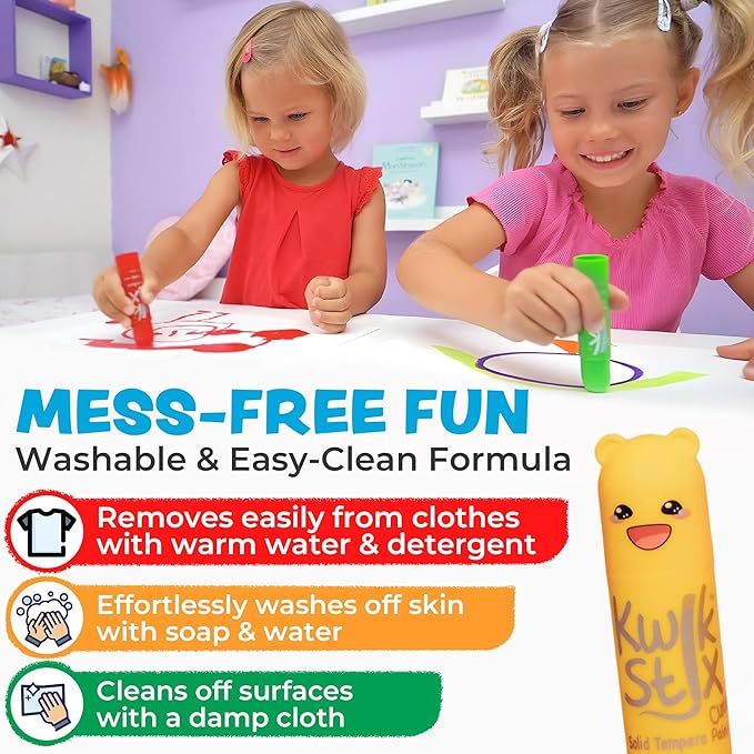 Kwik Stix Cuties Washable Paint Sticks for Kids & Toddlers, 12 Non-Toxic Colors, Quick-Drying, Allergen-Free, Solid Tempera with Cute Caps