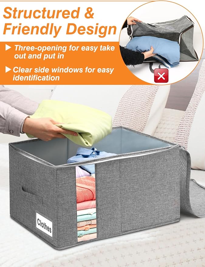 60L Blanket/Comforter Storage Bag w/Rigid Side & Bottom Support, Stackable Clothes Storage Bin for Sweaters Bedding Sets Quilts Pillows, Closet Organizer, 21.7x14.2x11.8in, 2 Pack, Gray