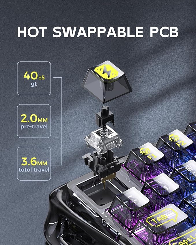 GravaStar Mercury K1 Lite 75% Gaming Keyboard, 2.4GHz/BT/Wired Tri-Mode Wireless Keyboard, Gasket Hot Swappable Mechanical Keyboard, Pre-lubed Linear Switches, RGB Backlit (Transparent Black)