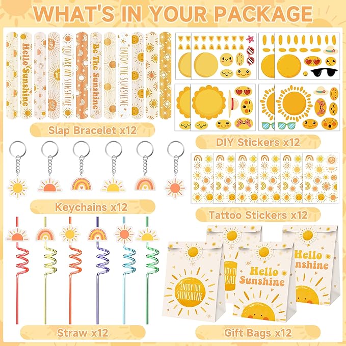 Erweicet Boho Sun Party Favors 72 PCS Sunshine Slap Bracelet Boho Rainbow Temporary Tattoos DIY Stickers Keychain Plastic Straws Gift Bags for Kids Sun Theme Birthday Party Baby Shower
