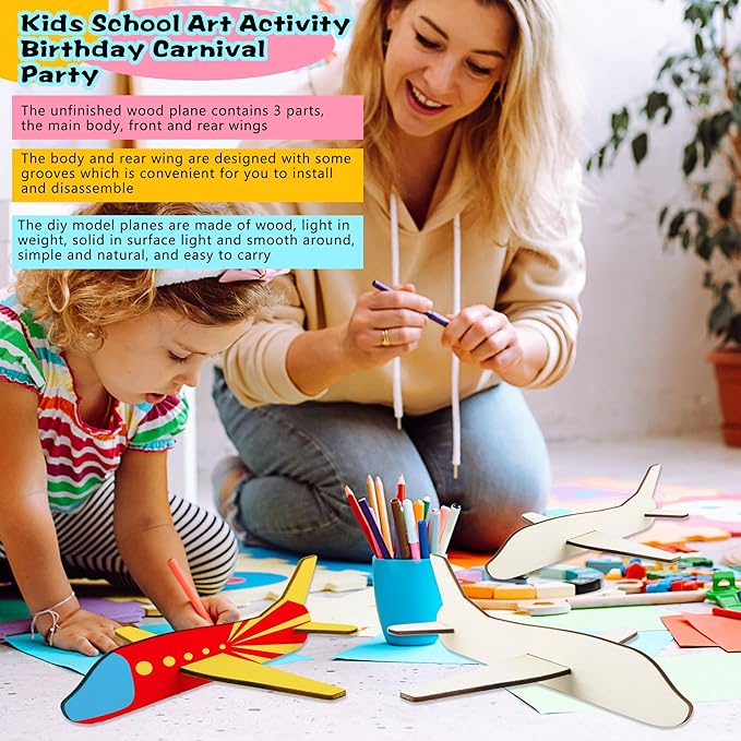 Feradny 24 Pack Unfinished Wooden Airplane Model Toys DIY Model Planes Wood Plane kit Handcraft Plane to Paint for Kids School Art Activity Birthday Carnival Party (Color Style 3)…