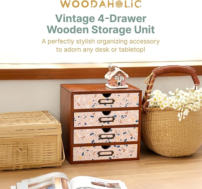 Terrazzo Pattern Wooden Desk Organizer - 4-Drawer Desktop Storage - Modern & Rustic Wood Cabinet for Office Supplies, Craft Tools, & Home Organization - Cute Drawer Unit