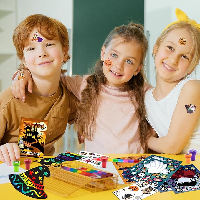 Halloween Party Favors, Halloween Coloring Books with Crayons School Exchanging Gifts Tattoo DIY Sticker Stampers Paper Crafts Slap Bracelets Sticky Hands Halloween Class Treat Prizes 96 PCS