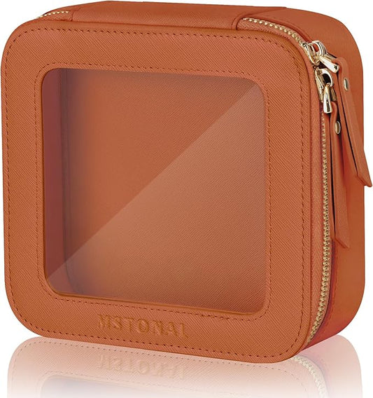 MSTONAL Clear Makeup Bag, Travel Toiletry Bag Cosmetic Case for Women, Waterproof Portable Small Make Up Skincare Pouch with Zipper, Compact Car Organizer Bag for Essentials, Mini Size, Brown