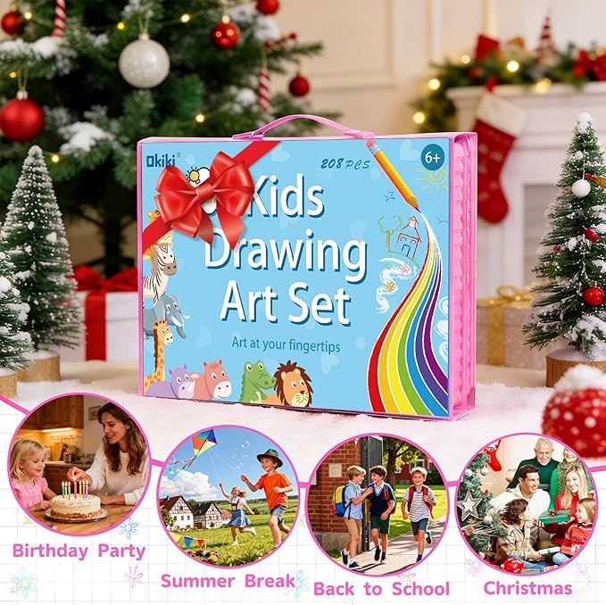 Art Supplies 297 Piece Drawing Art Kit Christmas Gifts for Girls Boys Kids Teens Gifts Coloring Art Set Case with Trifold Easel, Stickers, Coloring Book, Apron, Scissors, Origami Paper 40 Sheets