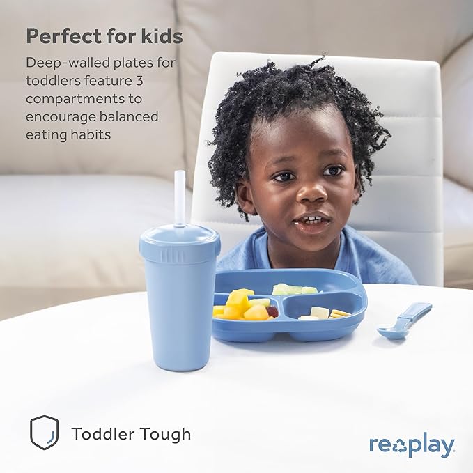 Re-Play Made in USA 7" Deep Walled Divided Plates for Kids, Set of 3 - Reusable 3 Compartment Plates, Dishwasher and Microwave Safe - 7.37" x 7.37" x 1.25", Princess