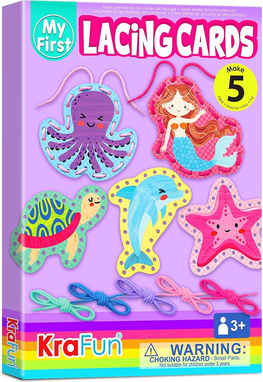KRAFUN Beginner Mermaid Lacing Card Kit for Kids Arts & Crafts, 5 Easy Mermaid, Animal Lacing Projects, Lacing Cards for Toddlers, Fine Motor Preschool Skills Toys