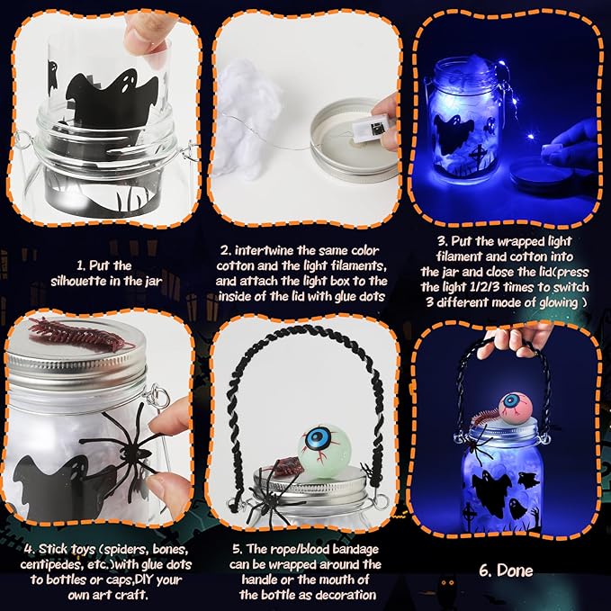 Halloween Crafts Activities For Kids Ages 4-12,6 Pack Glass Mason Jar for School Halloween Art Activities,Halloween Craft Supplies,DIY Lantern Jar for Gifts Halloween Party Favors,Classroom Prizes