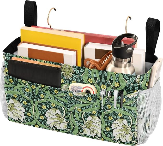 Bedside Caddy for Dorm Bed Bedside Hanging Caddy Bag Iron Frame Storage Organizer Pocket for Bunk Home College Hospital Beds 2 Hooks