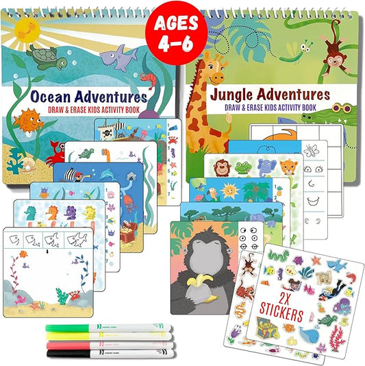 Kids Small Size Travel Educational Activity Books with Washable Markers (7"x7") - Car and Airplane Activities - Search and Find, Reusable Stickers for Ages 4, 5, 6 (Jungle & Ocean)