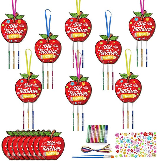 Fennoral 8 Pack Teacher Appreciation Wind Chime Kit for Kids Make You Own Apple Wind Chime for Girls Boys Teacher Day Craft DIY Paint Craft for Teacher Appreciation Ornaments Teacher Gifts