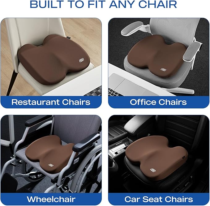 Skechers Seat Cushion, Ergonomic Memory Foam Cushion for Long Sitting Hours on Office & Home Chair, Car Seat Cushion for Sciatica, Coccyx Cushion,Brown