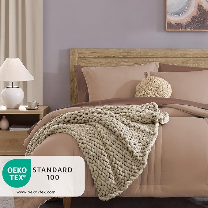 Monbix King Size Comforter Set - 7 Pieces Bed in a Bag King, Rust Pink Bedding Sets with Comforter, All Seasons Comforter Bed Set with Sheets, Pillowcases & Shams