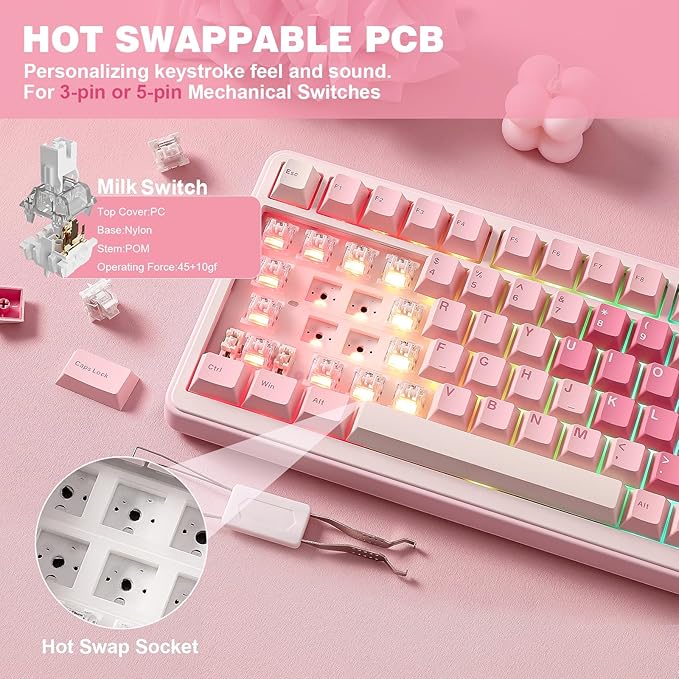 YUNZII B75 PRO Wireless Mechanical Keyboard,75% Layout with Knob,Hot Swap Gasket Custom Structure,Creamy Pre-lubed Switches,RGB Backlit,Bluetooth/Type-C/2.4G for Win/Mac(Milk Switch,Pink)