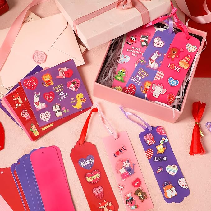 JUNEBRUSHS 30 Pack Valentines Crafts for Kids, Valentine's Day Bookmarks Craft Kits with Assorted Hearts Animal Stickers for Kids Classroom Game Activities Valentines Day Gift Exchange