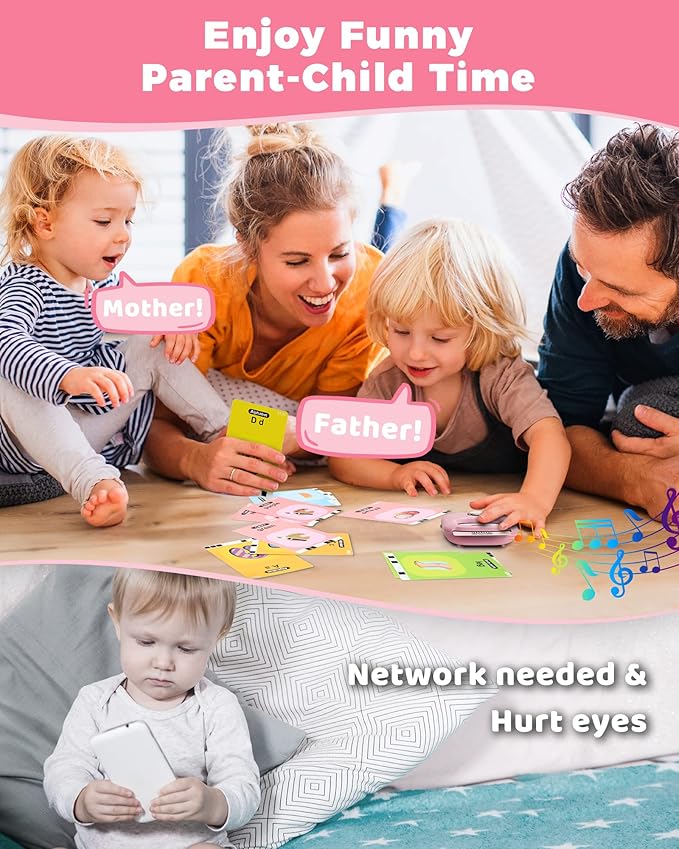 KOKODI Toddler Toys Talking Flash Cards for Girls 2 3 4 5 Year Old Birthday Gifts, Learning Toys with 448 Sight Words for Kids, Autism Speech Therapy Toys for Autistic Children, Montessori Toys, Pink