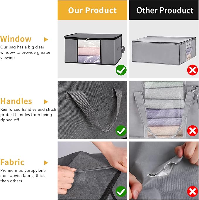 3 Pack Storage Bags, 45L Foldable Clothes Storage Bins with Lids, Closet Organizers Blanket Storage Bags with Zippers Clear Window Sturdy Handles for Clothing Bedding Comforter Sweater Pillows (Gray)