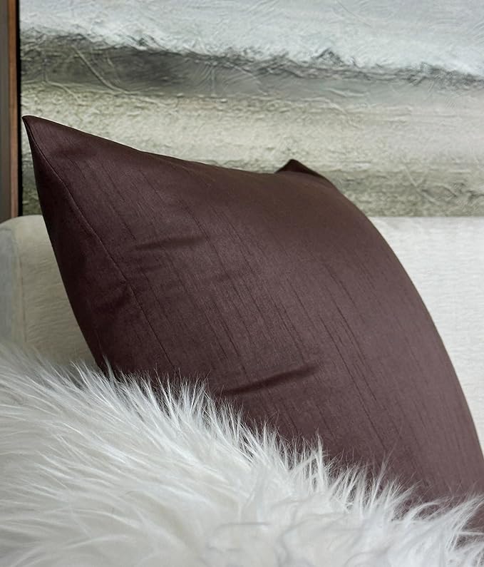 Aiking Home 18x18 Inches Faux Silk Square Throw Pillow Cover, Zipper Closure, Brown (Set of 2)