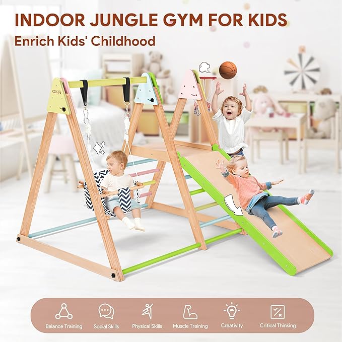7 in 1 Indoor Jungle Gym for Kids, Foldable Toddler Indoor Playground with Slide, Beechwood & Baby Swing, Climbing Wall & Ladder, Wooden Climbing Toys Playset Gifts for Kids (Multicolor)