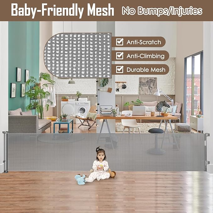 185 Inch Extra Wide Retractable Baby Gate Retractable Gate Outdoor Long Baby Gates Indoor Extra Long Dog Gate Extra Wide Baby Gates for Large Openings, Mesh Baby Gate Retractable Gates for Dogs, Gray