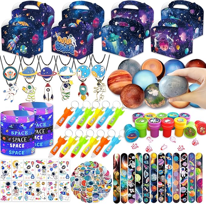 Bluegogo 151Pcs Space Party Favors, Space Birthday Party Decorations Include Stress Ball Bracelet Tattoo Stickers Stamp, Necklace, Rocket Keychain Gift Box for Kids Space Party Supplies