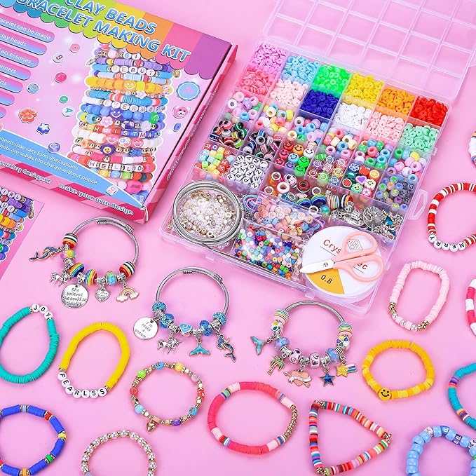 AIPRIDY 3600 Pcs Girls Toys Bracelet Making Kit, Unicorn/Mermaid Jewelry Activity, Flat College Style Beading for Friendship Jewelry Making, DIY Crafts for 4-12 Girls Birthday Christmas Gifts(Pink)