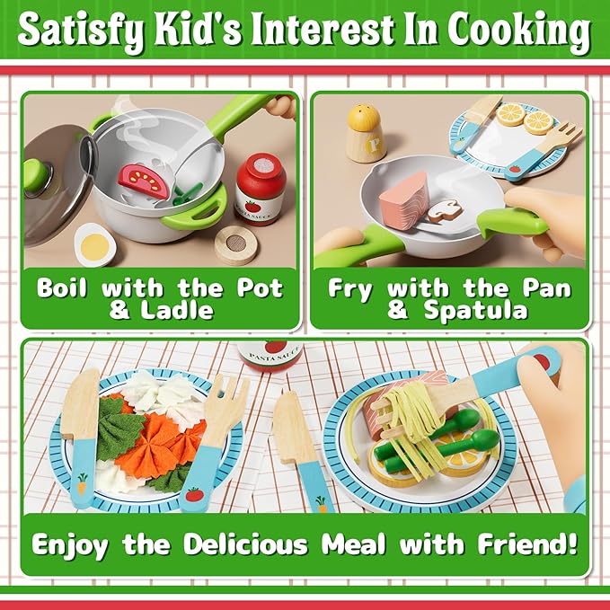 Lehoo Castle Play Food Sets for Kids Kitchen, Wooden Toys Play Kitchen Accessories with Pot and Pan, Pizza Toy Pretend Play for Toddlers 3-5, Realistic Pasta Felt Play Food Set, 3 Year Old Girl Gift