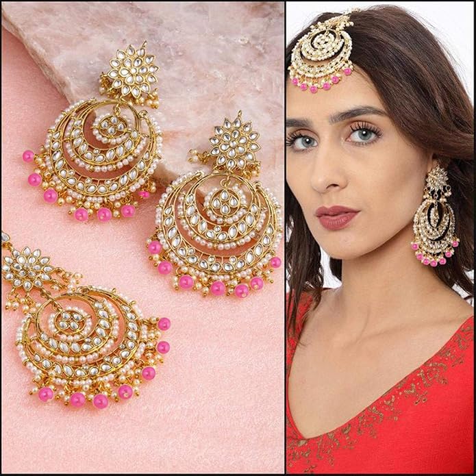 Aheli Bollywood Ethnic Chandbali Style Big Earrings Maang Tikka Set Traditional Fashion Jewelry Gift for Women