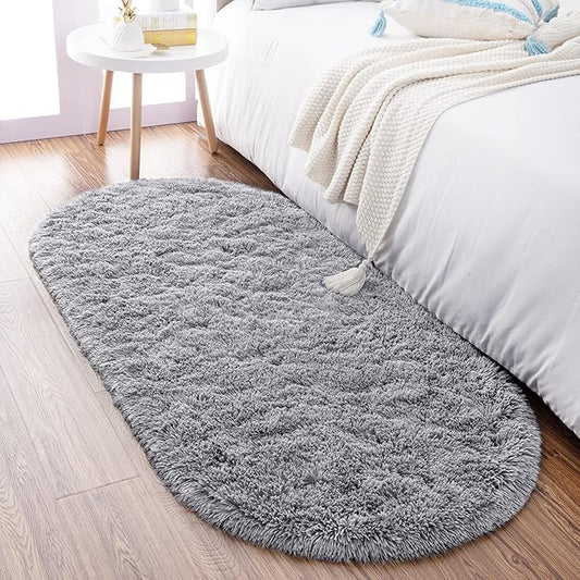 Noahas Fluffy Grey Rugs for Bedroom Living Room,2.6'X5.3' Oval Throw Rug for Kids Room,Shag Hallway Runner Rug,Small Soft Shaggy Bedside Non-Slip Plush Nursery Dorm Carpet Home Decor Aesthetic