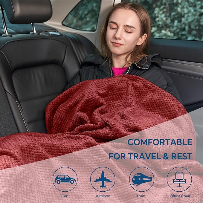 BEDELITE Travel Blanket with Bag, Ultra-Soft Jacquard Fleece Blanket with Luggage Sleeve & Backpack Clip, Airplane Blanket Travel Essentials, Burgundy