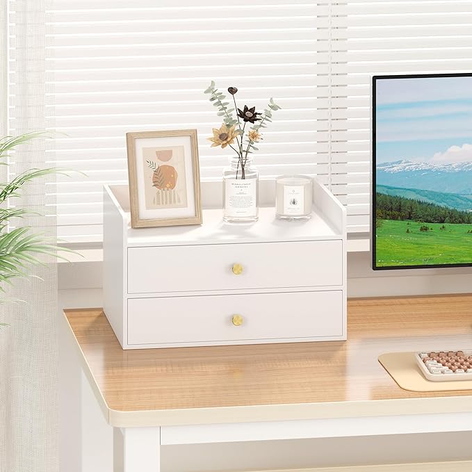 Bamboo Desk Organizer with Drawers Wooden Desktop Storage Drawers for Bills Office Supplies Kitchen Utensils Organizing Tool for Home Classroom Organization No Assembly (2 Drawers, White)