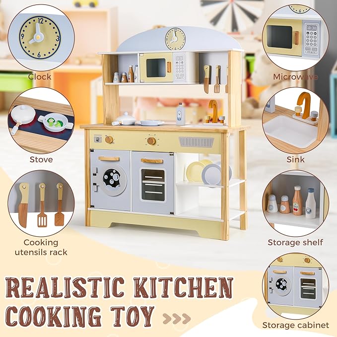 Kitchen Playset for Kids Ages 3-8, Wooden Pretend Play Kitchen with Cooking Accessories, Dimensions: 38” H x 31” W x 12” D