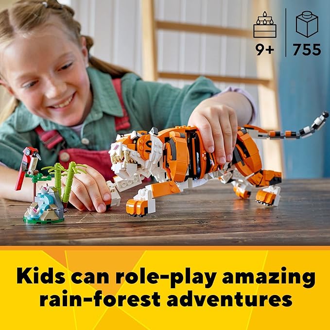 LEGO Creator 3 in 1 Majestic Tiger Building Set, Transforms from Tiger to Panda or Koi Fish Set, Animal Figures, Collectible Building Toy, Gifts for Kids, Boys & Girls 9 Plus Years Old, 31129