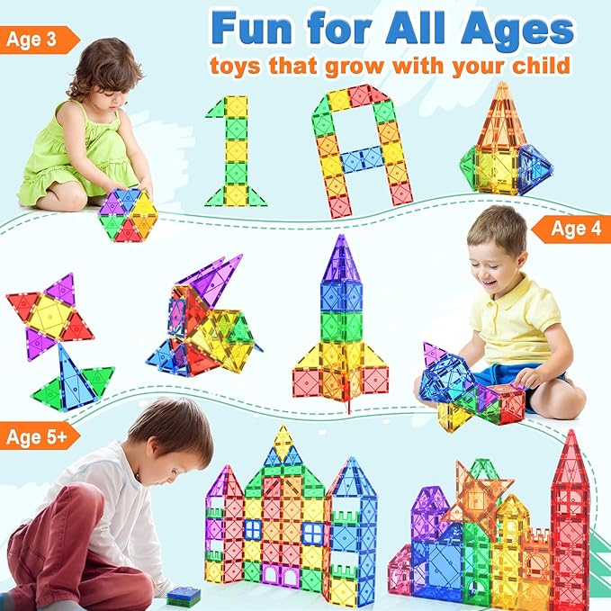 52PCS Magnetic Tiles Toys for 3 Year Old Boys and Girls Magnetic Building Blocks STEM Learning Toys Sensory Montessori Toys for Toddlers Kids