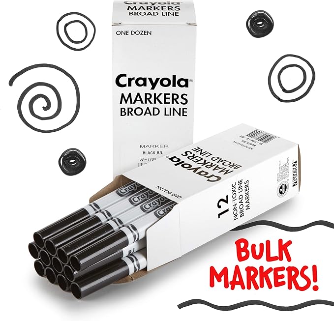 Crayola Broad Line Markers - Black (12ct), Markers for Kids, Bulk School Supplies for Teachers, Nontoxic, Marker Refill with Reusable Box