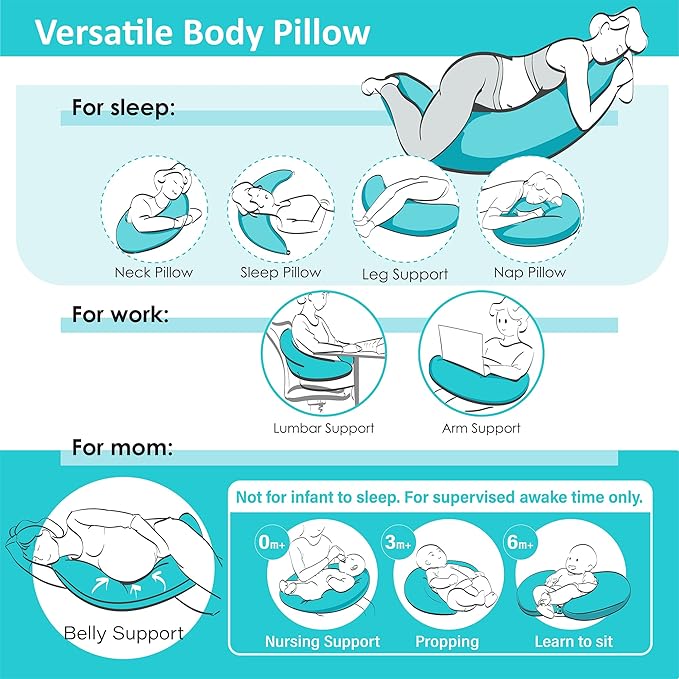 BYRIVER 39" Mint Green Blue C Shaped Body Pillow for Side Sleeping Adults Men Women, Anxiety Relief Hug Pillow, Small Pregnancy Pillow Legs Knees Support, Gifts for New Moms (L)