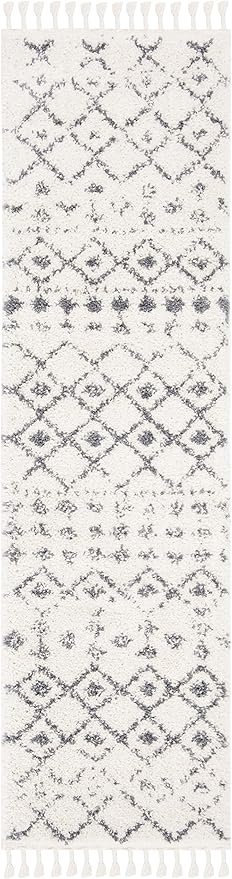 SAFAVIEH Berber Fringe Shag Collection 2'2" x 22' Cream / Dark Grey BFG516A Moroccan Non-Shedding Living Room Bedroom Dining Room Entryway Plush 1.2-inch Thick Runner Rug
