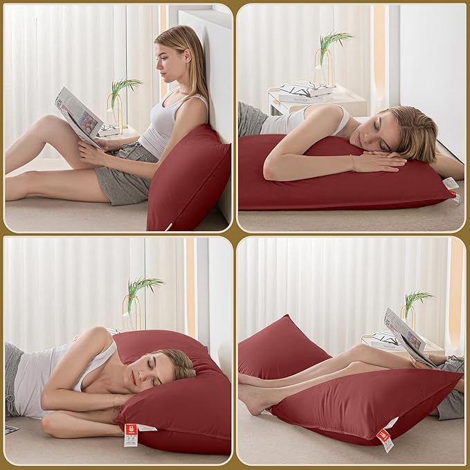 Goose Down Body Pillows for Adults, Large Body Pillow for Side Sleeper, Hugging Feather Body Pillow Insert, Cooling Full Length Long Pillow for Bed with 100% Organic Cotton Shell, (Burgundy 20"x60")