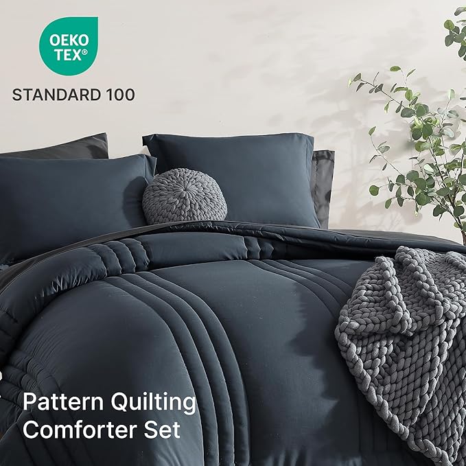 Monbix Oversized Queen Comforter Set - 7 Pieces Blue Grey Bed in a Bag Oversized Queen Bedding Sets with Comforters, All Seasons Comforter Bed Set with Sheets, Pillowcases & Shams