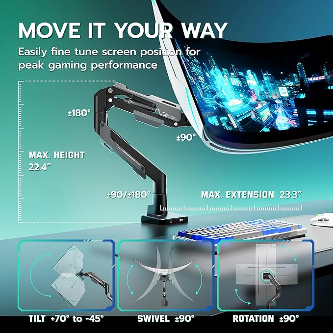 ARES WING Heavy Duty Ultrawide Monitor Arm - Gas Spring Aluminum Monitor Mount with USB for 24"-57" Curved Screens up to 66 lbs with Clamp/Grommet Desk Mount, 75/100/200 Vesa Mount, Black