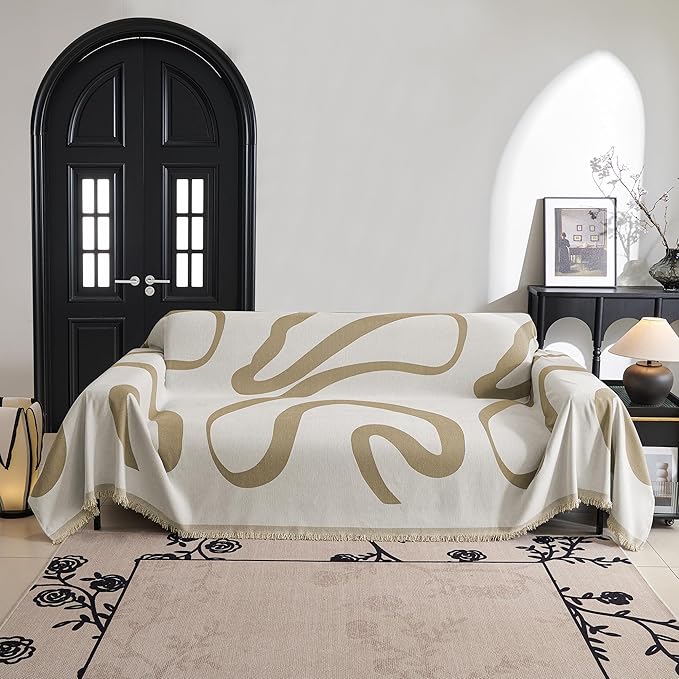 MYSKY HOME Couch Cover for 3 Cushion Couch Sofa Cover, Super Soft Boho Couch Covers for Dogs Washable, Jacquard Sofa Slipcover Furniture Protector for Living Room, 91" x 134", Khaki Curve