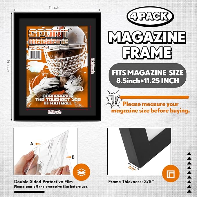 Geetery 4 Pcs Sports Magazine Frame for Wall Fits Measuring 8.5 x 11.25" Magazine Display Frame with Installed Hangers and Core Matting Plastic Comic Book Frames for Wall Hanging(Black , Black Mat)