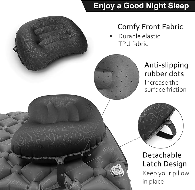 BreezCamp Inflatable Camping Pillow, Travel Blow Up Air Pillow, Neck Lumbar Support Ultralight Compact Pillow for Outdoor Hiking Backpacking Car Beach Airplane Sleeping Essentials, Black