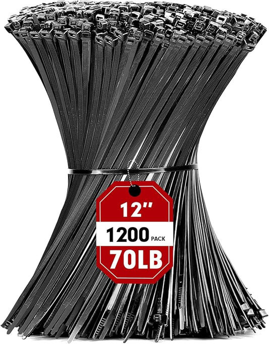 Zip Ties, RAZCC 1200pcs Black Cable Zip Ties 12 Inch, Heavy Duty Plastic Wire Ties with 70lb Tensile Strength, Self-Locking Black Nylon Tie Wraps for Indoor and Outdoor