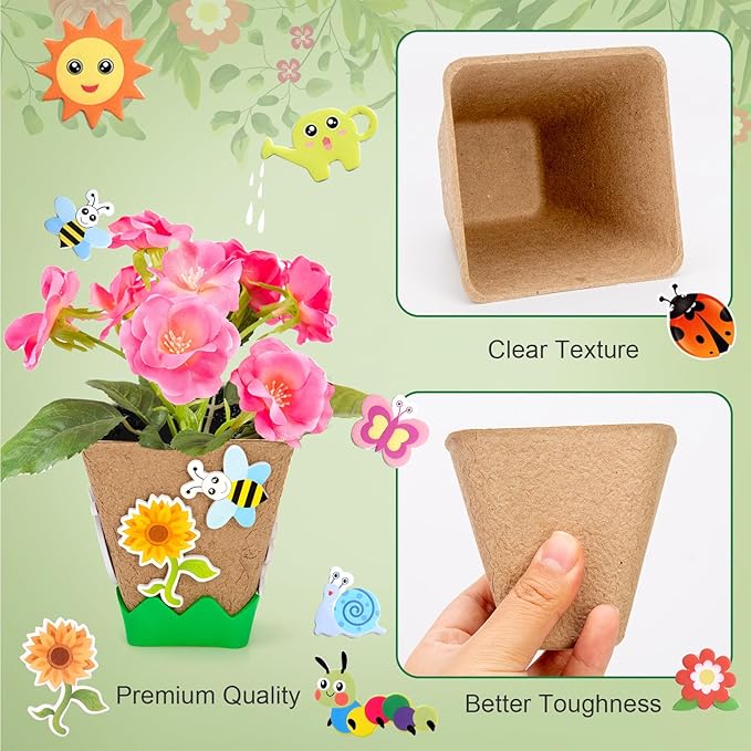 Ayfjovs Garden Paper Pot Craft Kit, 30 Pack Square Paper Peat Pots with 120 PCS Adhesive Foam Stickers and 30 PCS Plastic Plant Labels for Kids Science, Classroom Decoration